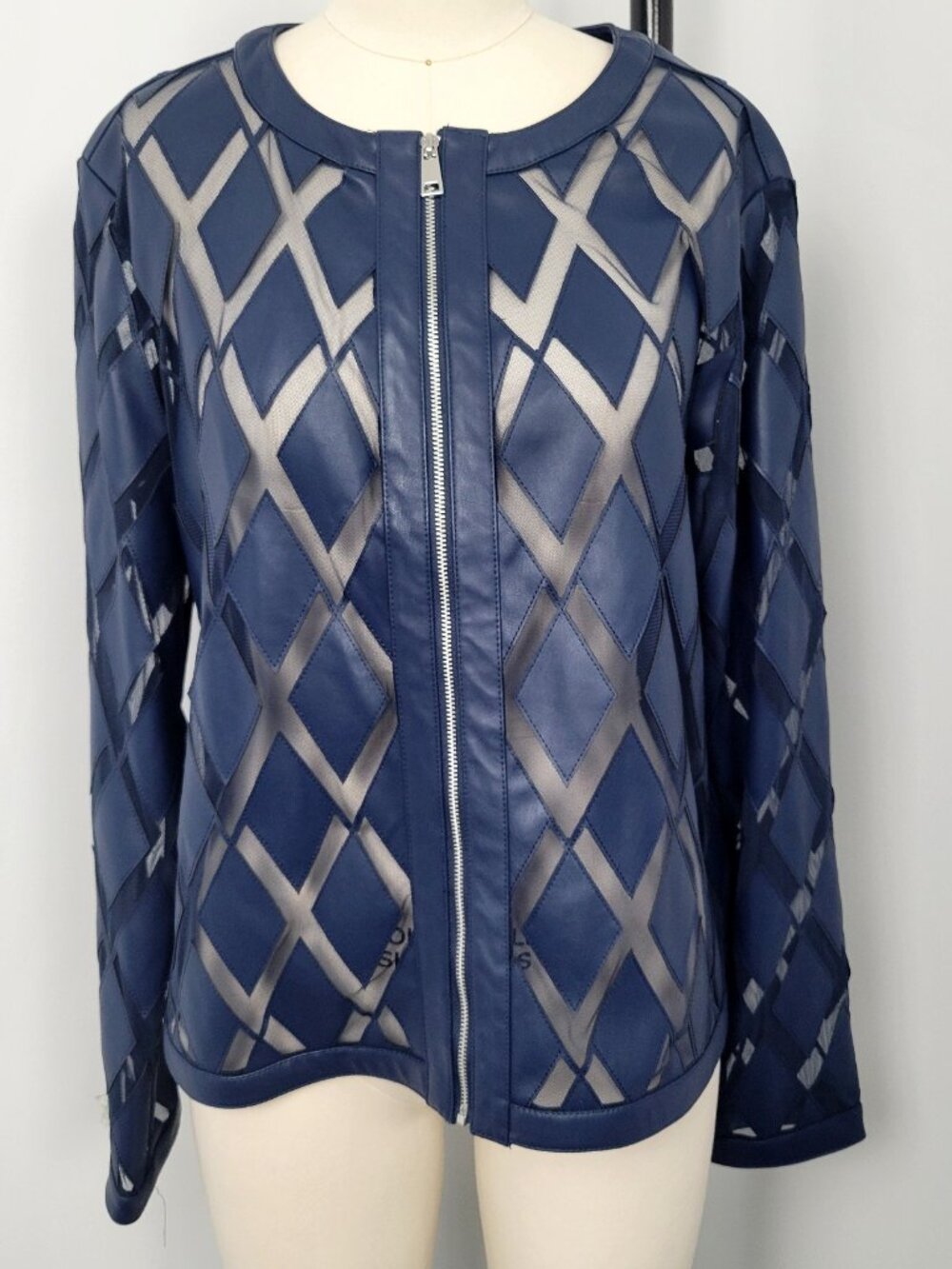 Colleen Lopez Navy Blue Faux Leather & Mesh Diamond Cutout Jacket